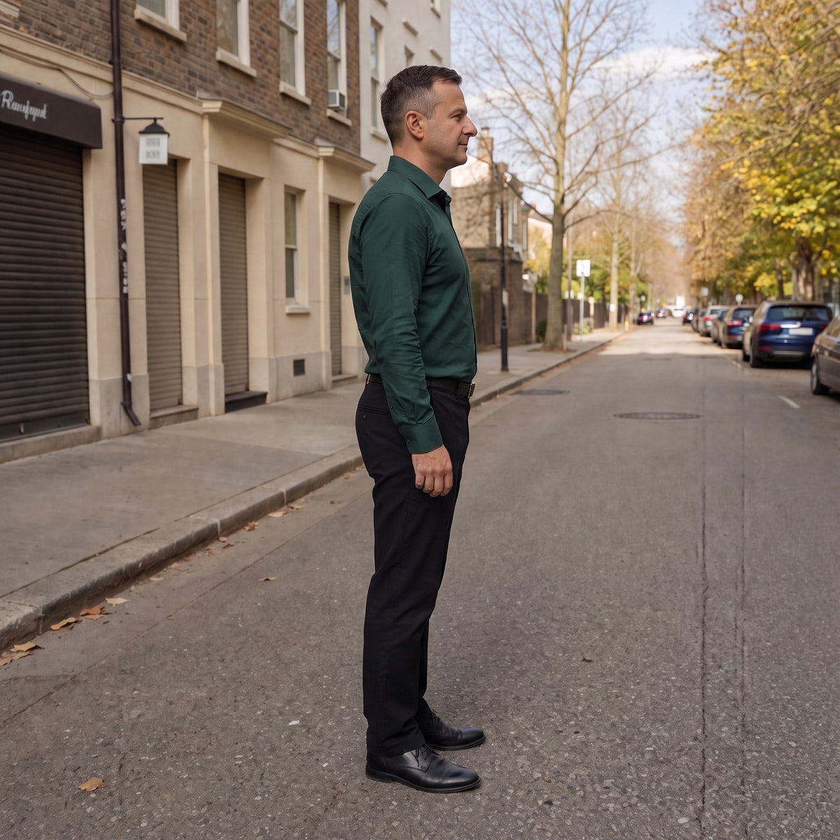 Man draagt donkergroen slim fit overhemd met lange mouwen op straat | Boutique Moda