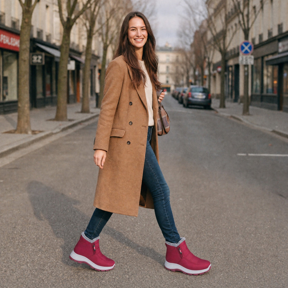 Vrouw draagt gevoerde instap sneakers in roze, gecombineerd met jeans en jas | Boutique Moda