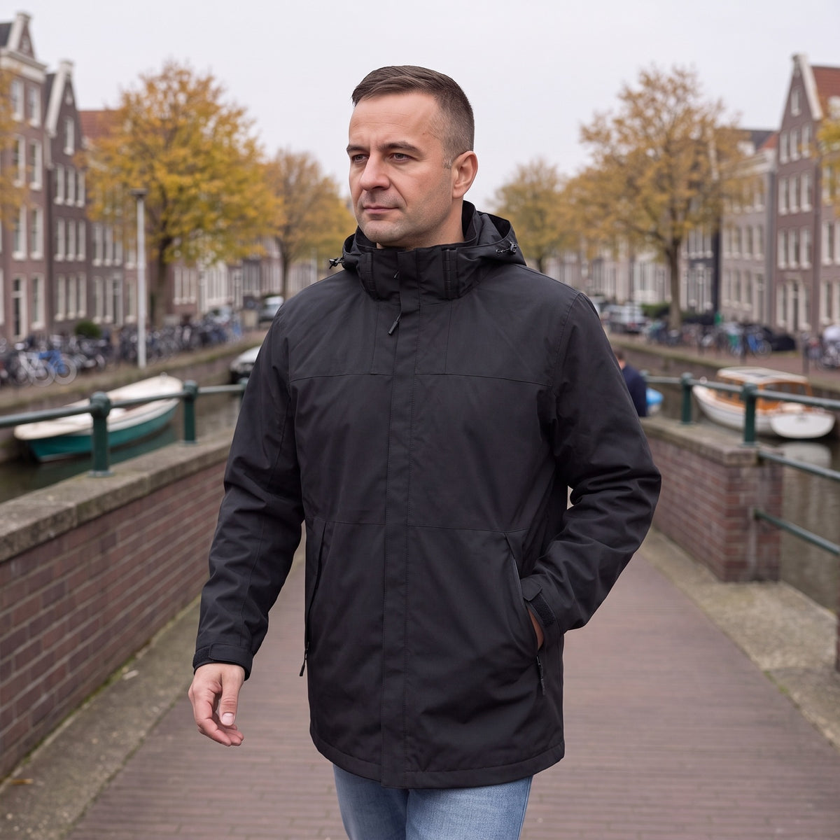 Man draagt de zwarte regenjas met capuchon