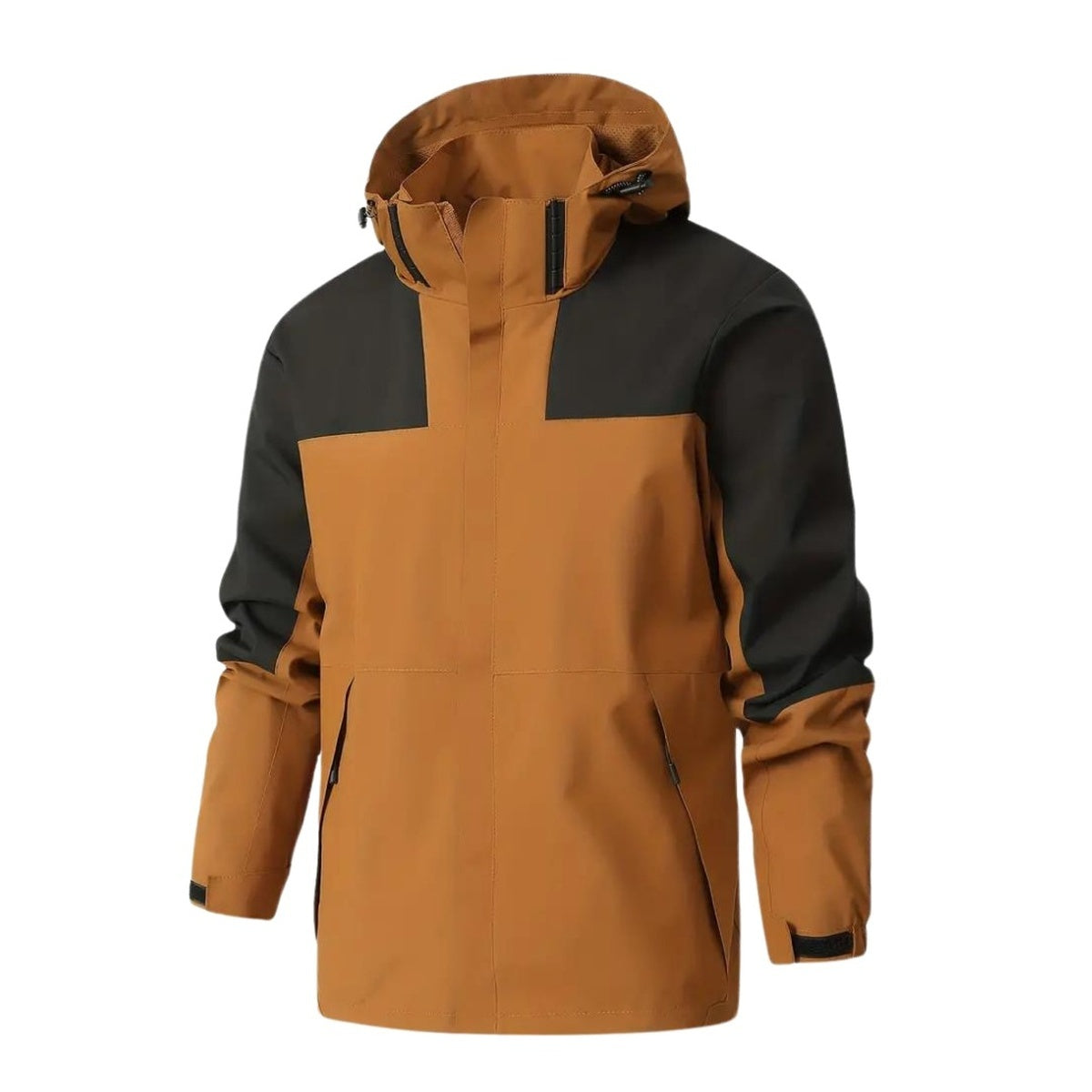 Camel-zwarte regenjas in colour block met capuchon