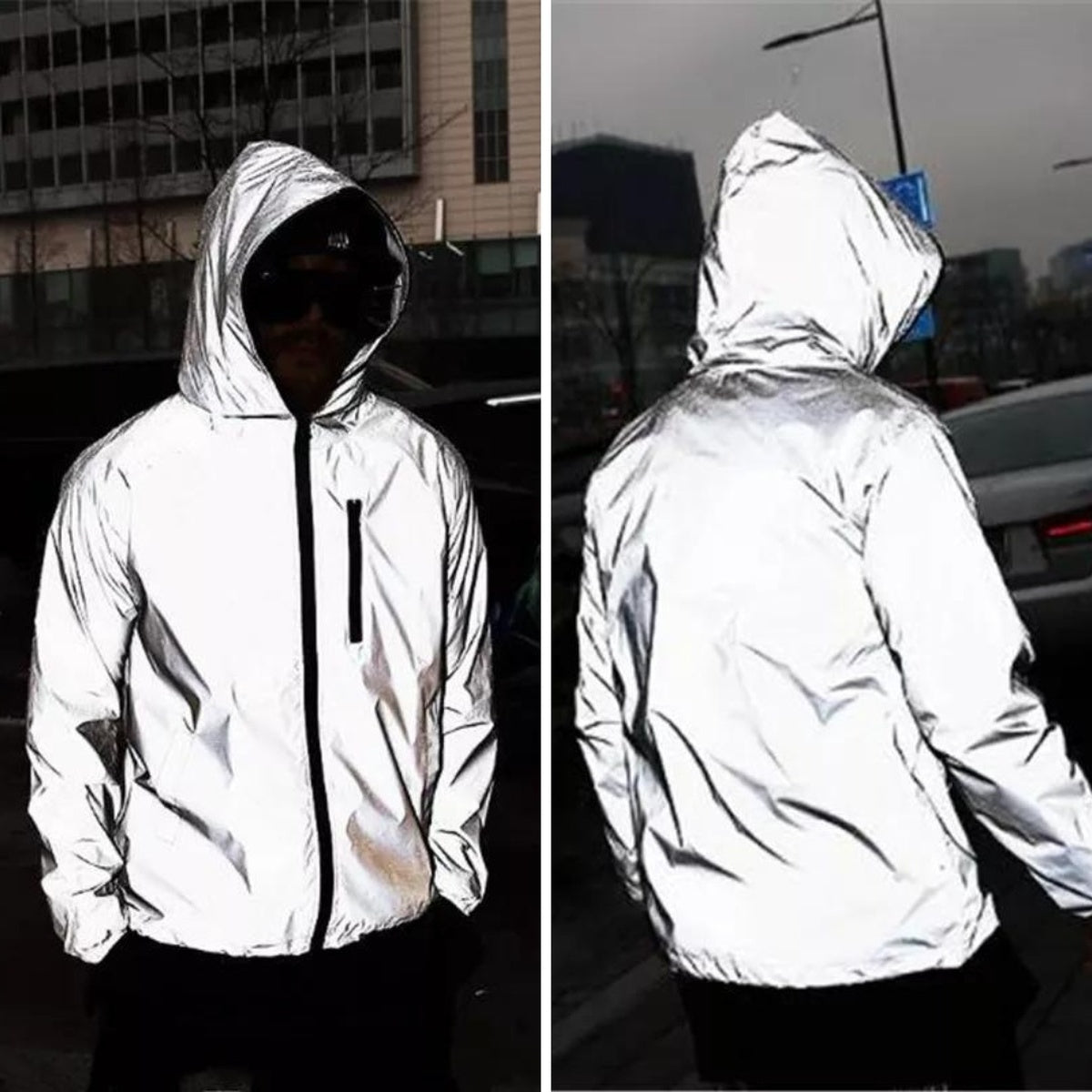 Reflecterende jas licht op in het donker, voor- en achterkant