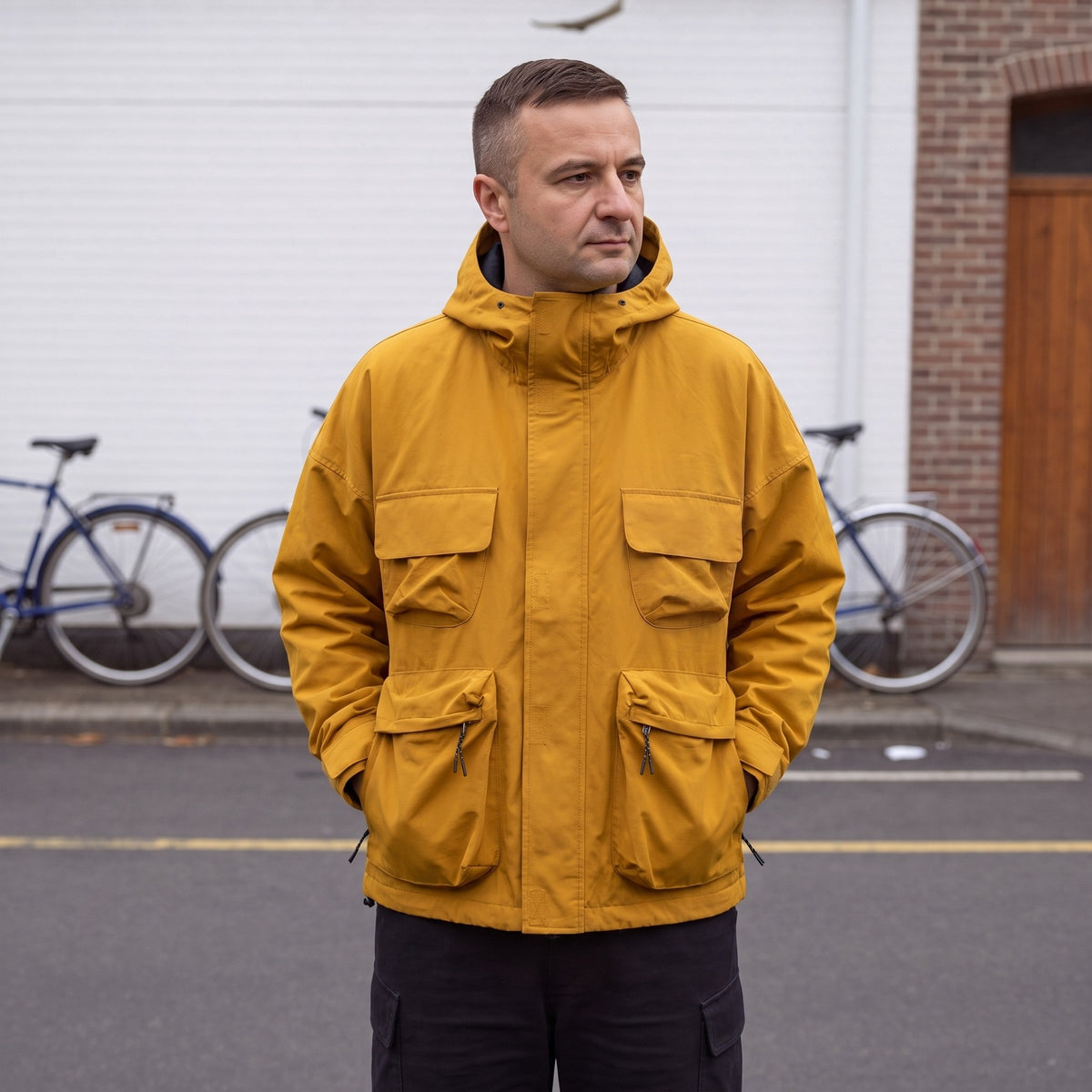 Model draagt de mosterdgele utility regenjas voor heren met capuchon