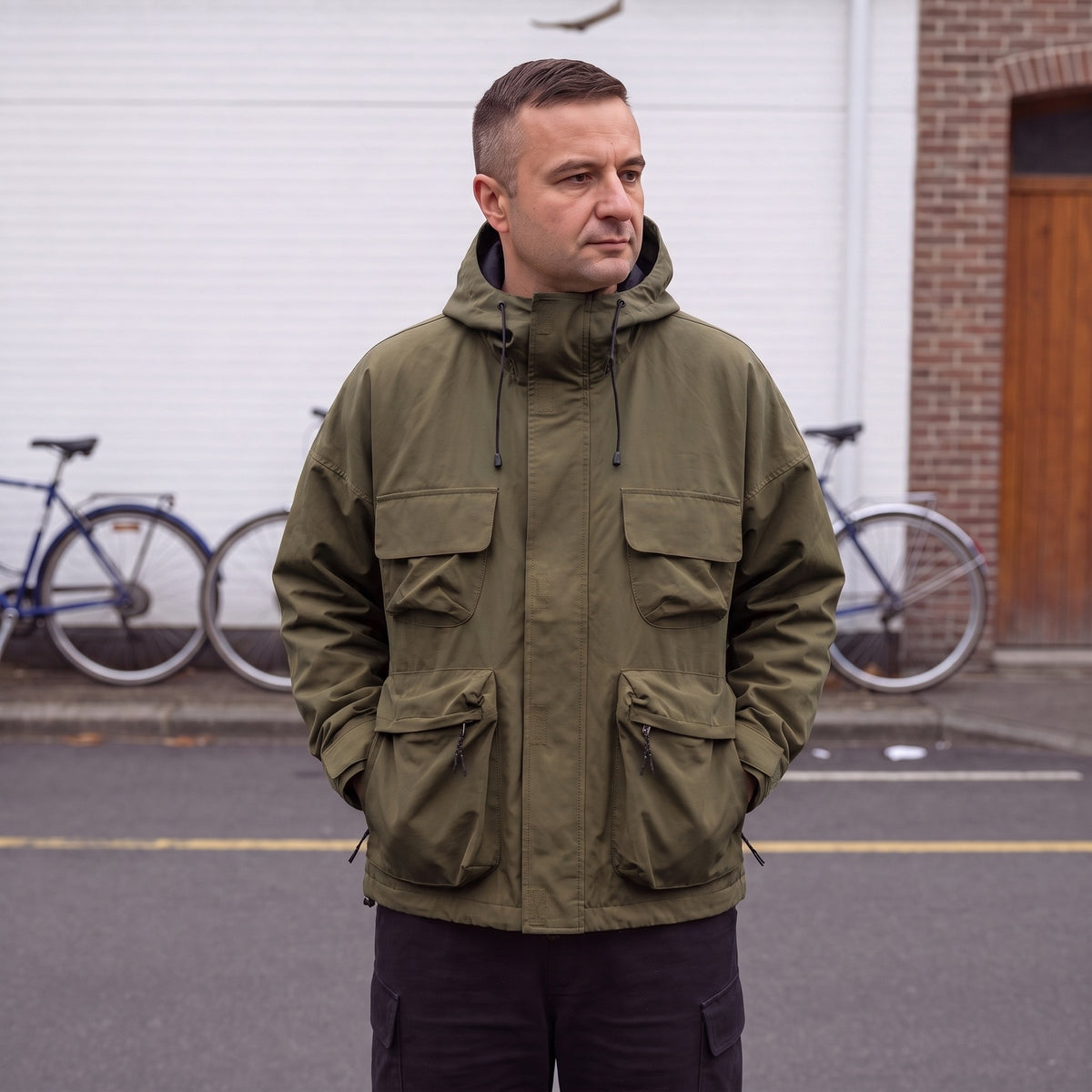 Model draagt de olijfgroene utility regenjas
