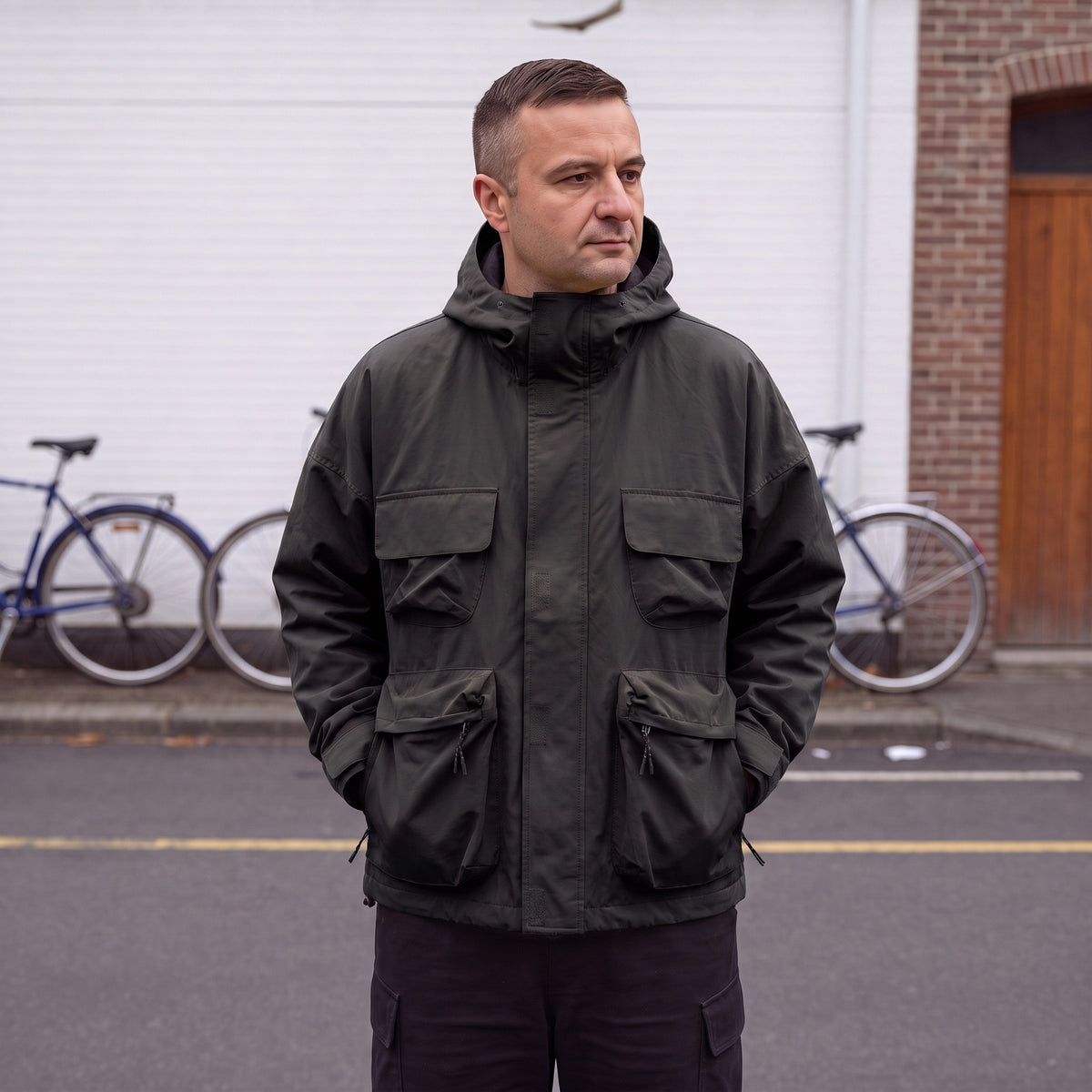Model draagt de zwarte utility regenjas