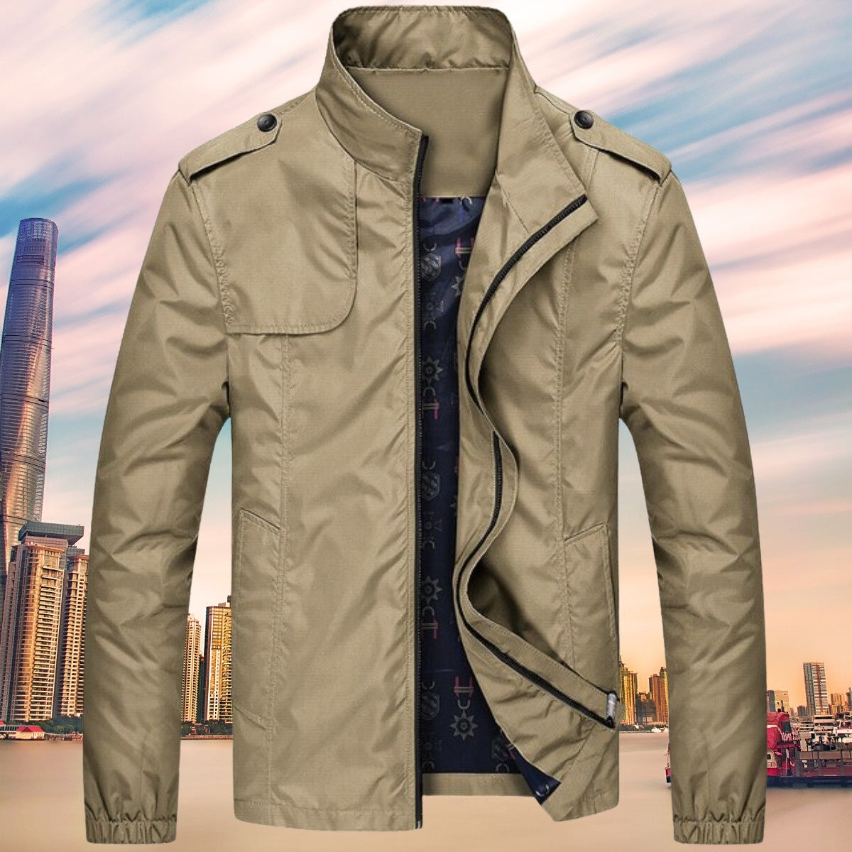 Khaki windjack voor heren met opstaande kraag