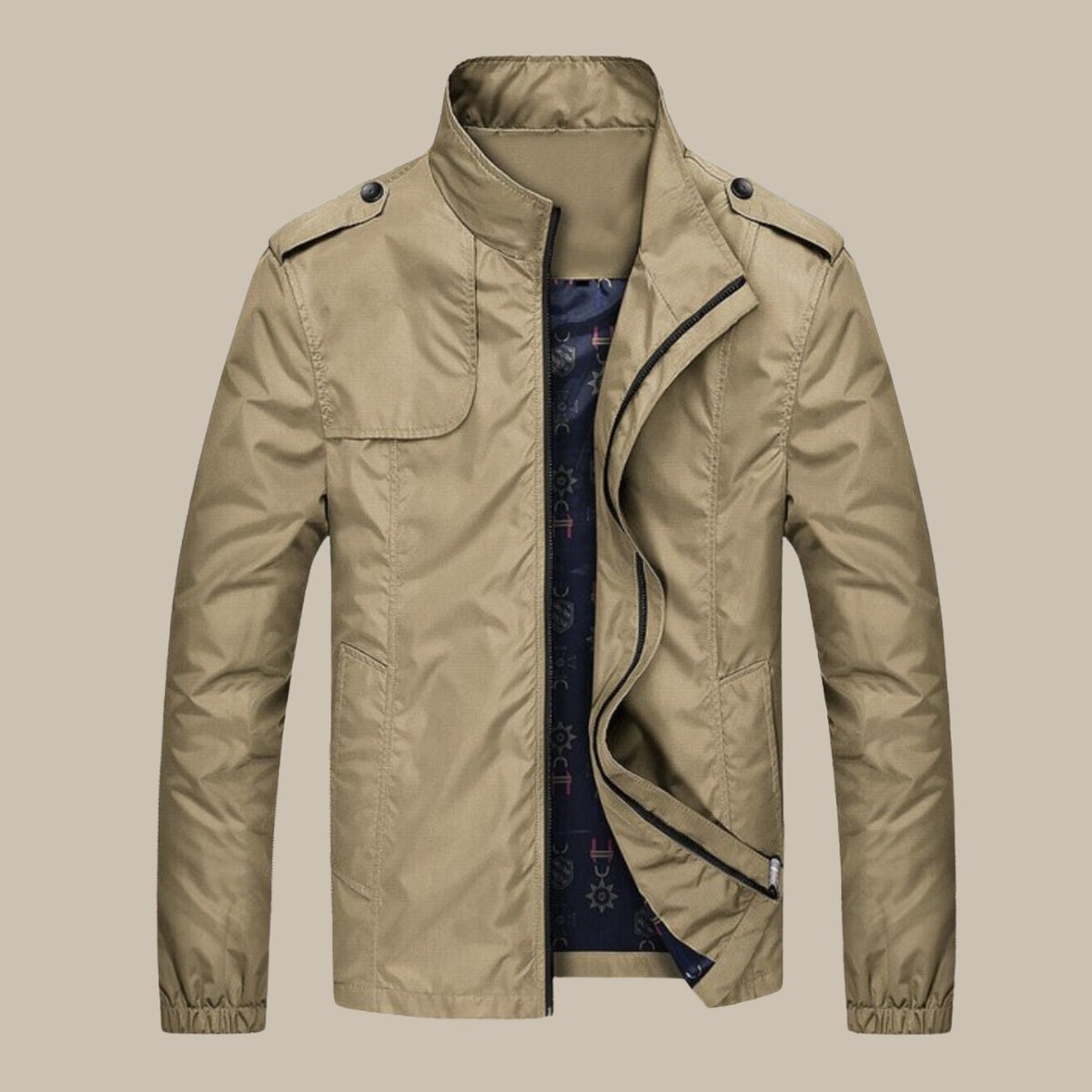 Khaki windjack, voorkant met voering met print