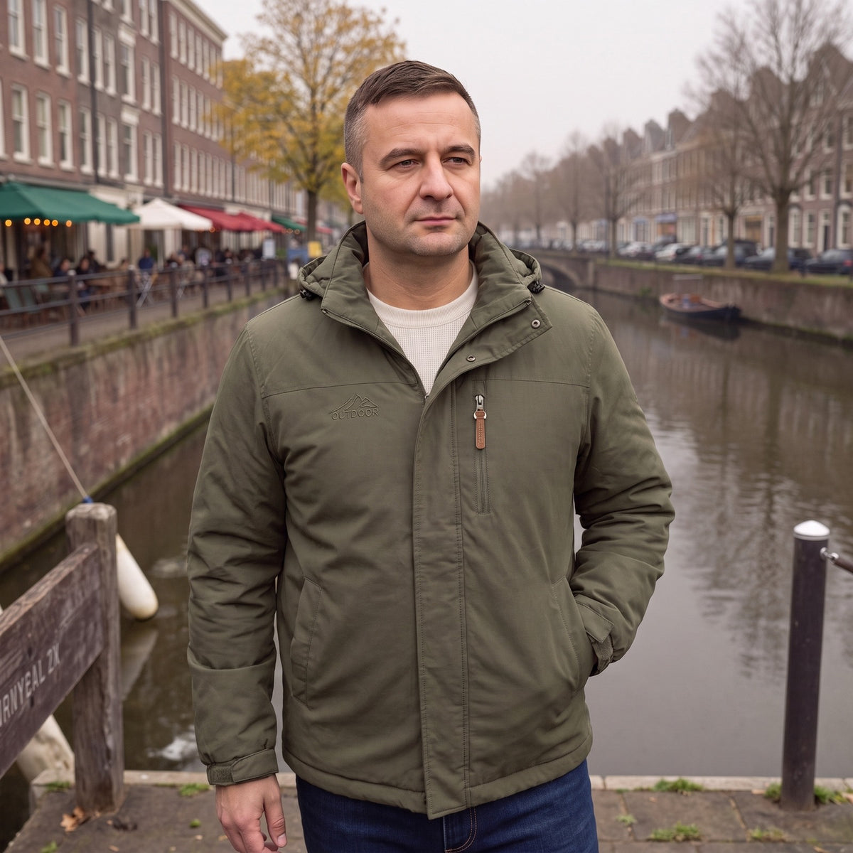 Man draagt de olijfgroene winterjas met fleecevoering