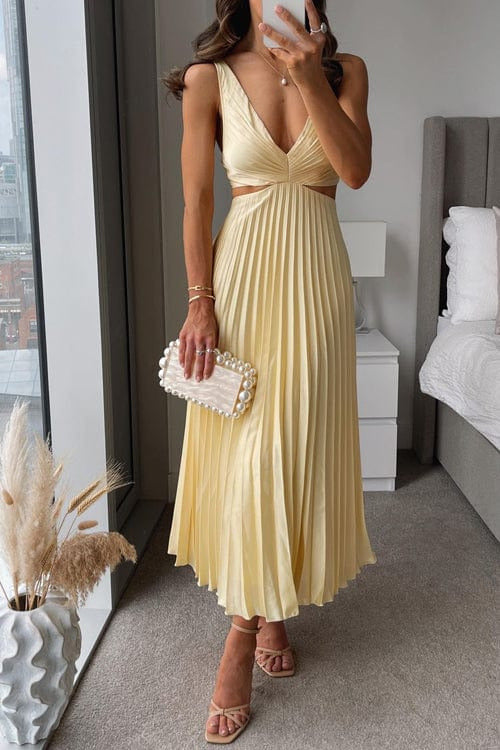 Midi Jurk | Plissé Rok | V Hals | Uitsnede Taille-Boutique Moda
