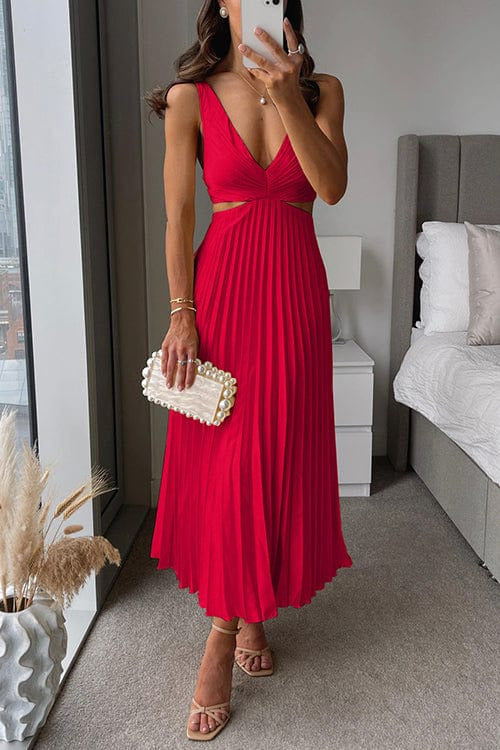 Midi Jurk | Plissé Rok | V Hals | Uitsnede Taille-Boutique Moda