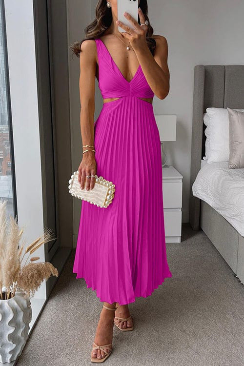 Midi Jurk | Plissé Rok | V Hals | Uitsnede Taille-Boutique Moda