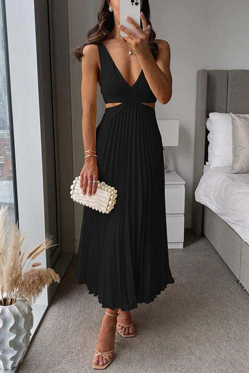 Midi Jurk | Plissé Rok | V Hals | Uitsnede Taille-Boutique Moda
