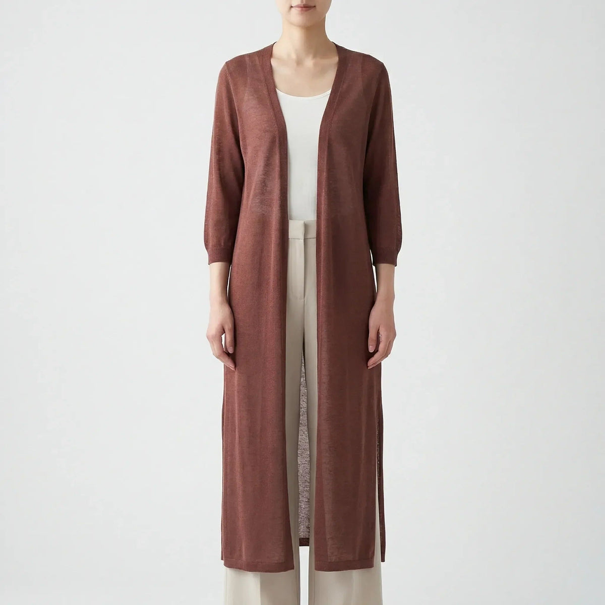 Lang, luchtig open damesvest in roest | Boutique Moda