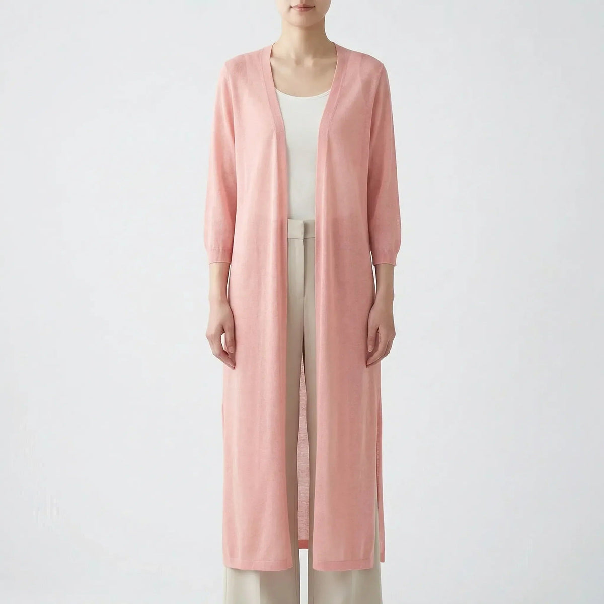 Lang, luchtig open damesvest in roze | Boutique Moda