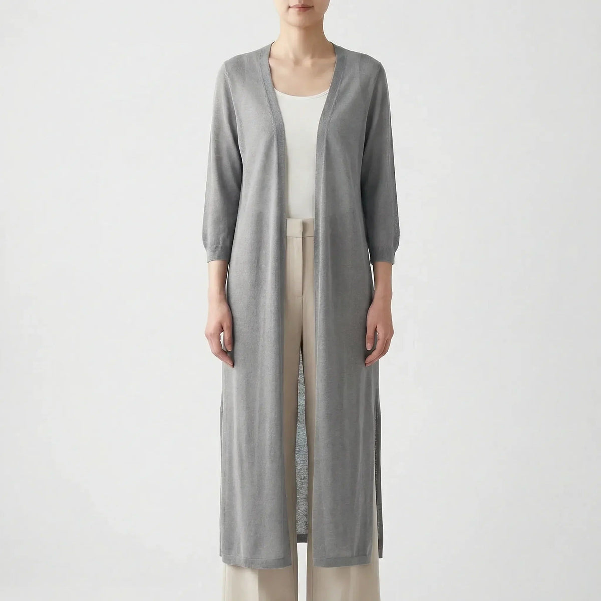 Lang, luchtig open damesvest in grijs | Boutique Moda