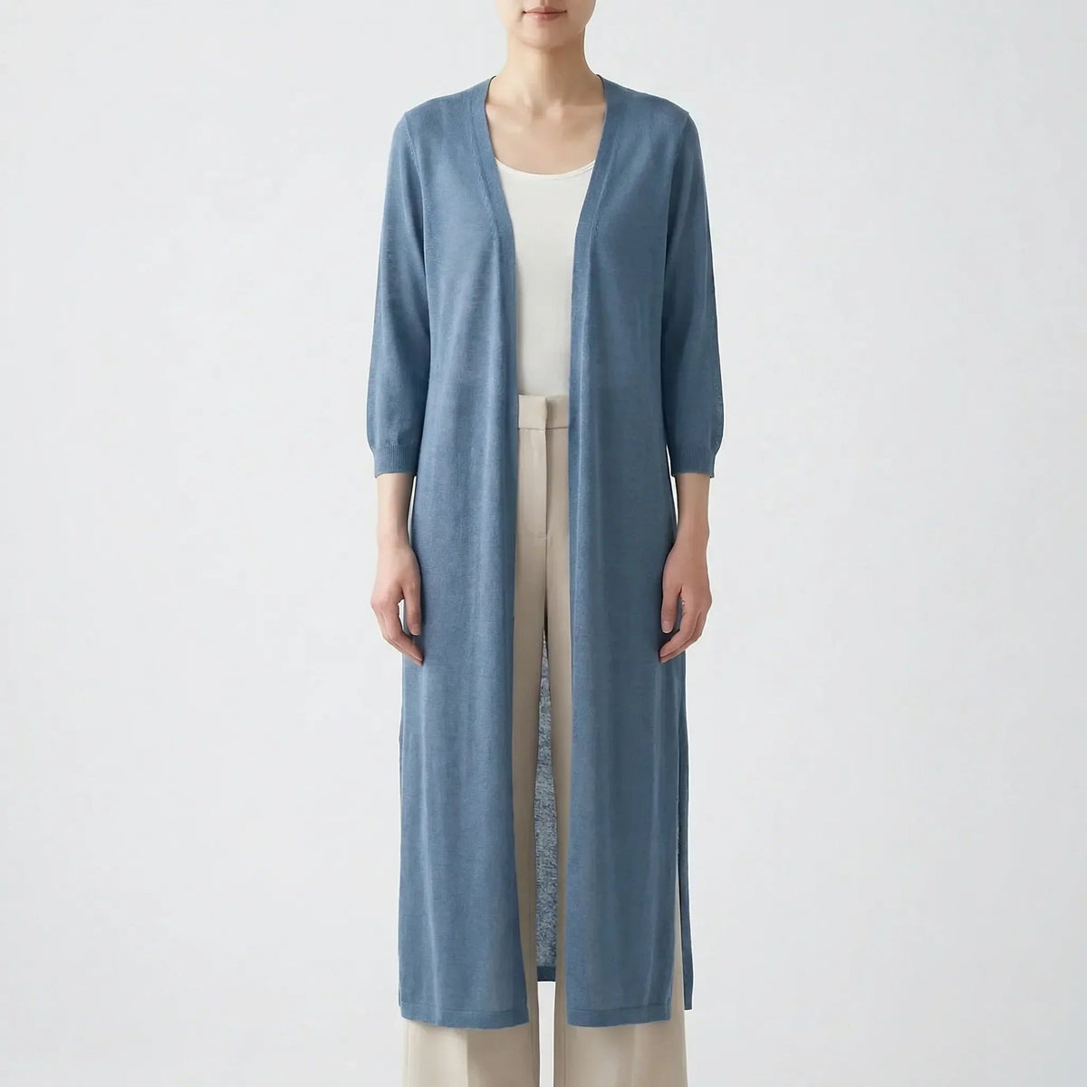 Lang, luchtig open damesvest in blauw | Boutique Moda