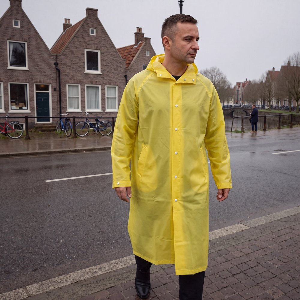 Man in een lange gele regenjas op straat