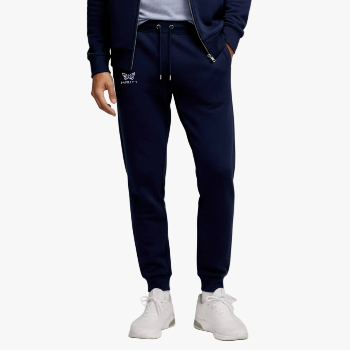 Donkerblauwe joggingbroek met trekkoord in de tailleband en boordjes bij de enkels | Boutique Moda