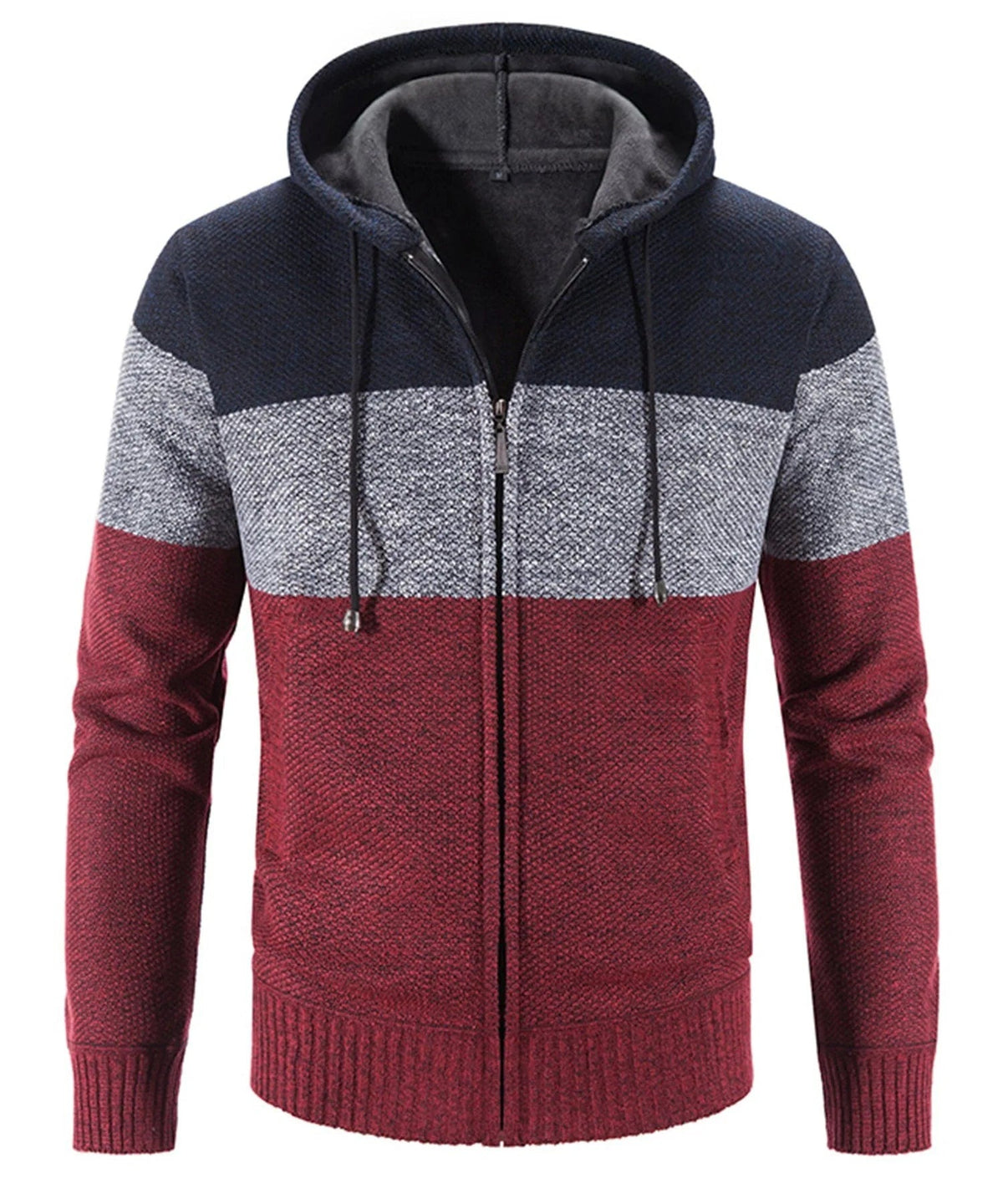 Gebreid herenvest met capuchon in rood met kleurblokken | Boutique Moda