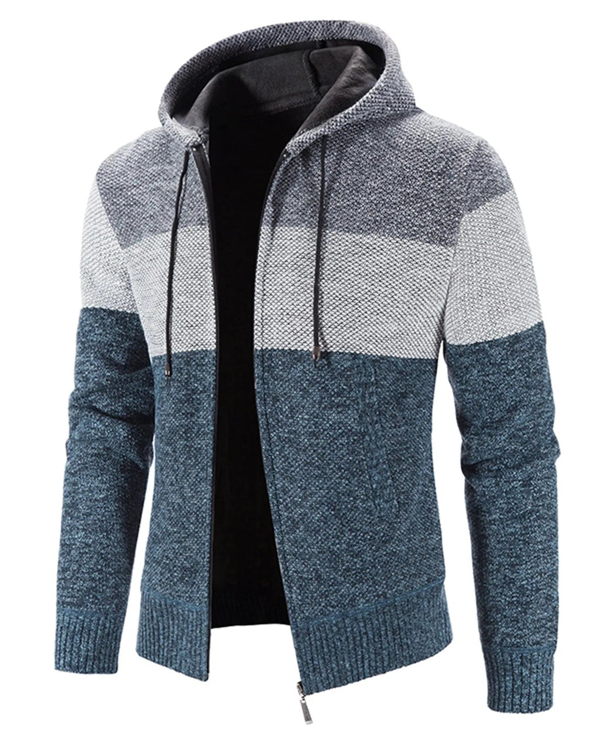 Blauw gebreid vest met capuchon open gedragen | Boutique Moda