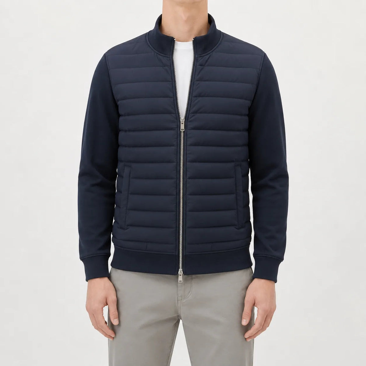 Gewatteerde herenjas in marineblauw met opstaande kraag | Boutique Moda