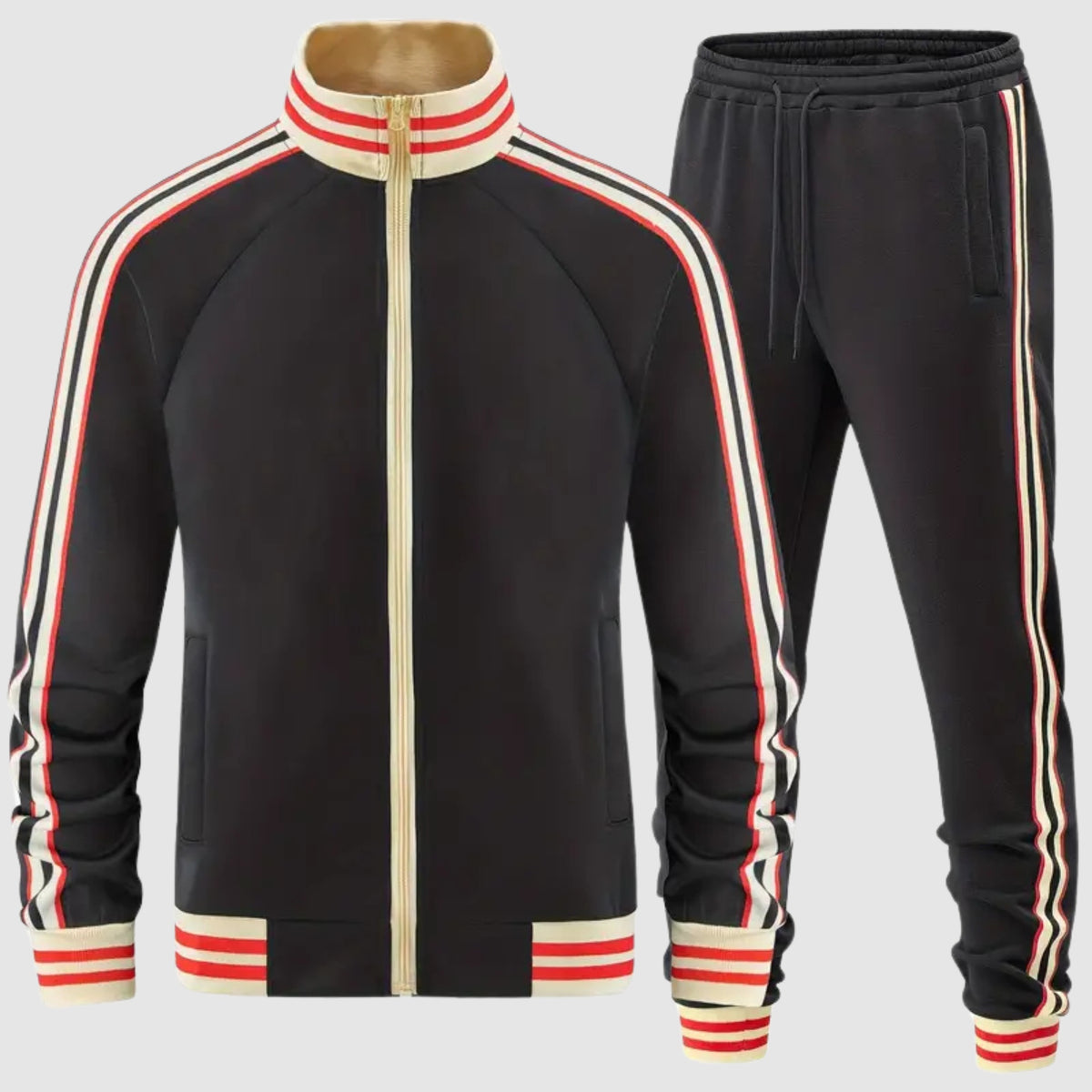 Zwart retro trainingsjack en broek met crèmekleurige, rode en zwarte contraststrepen | Boutique Moda