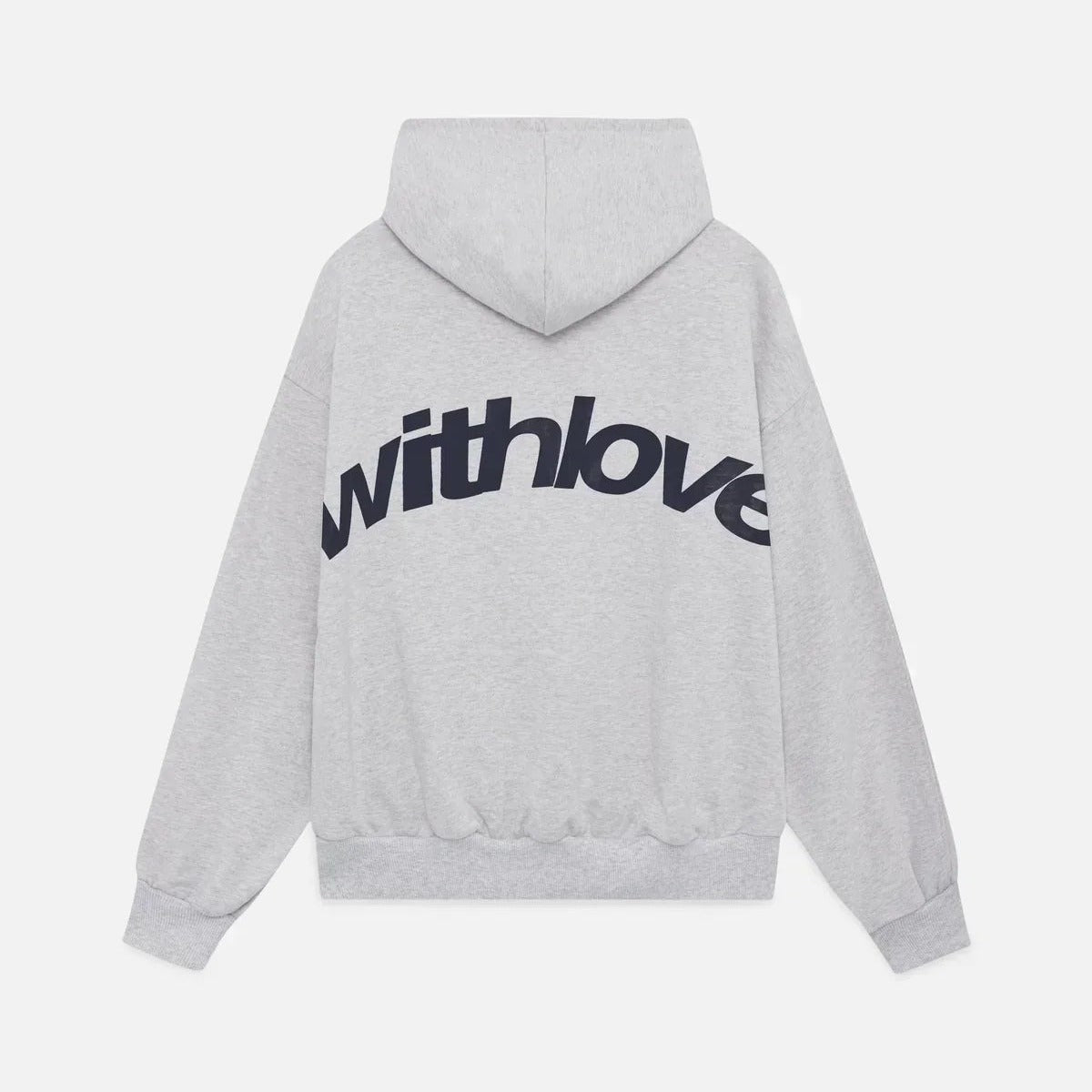 Grijze oversized hoodie met een grote donkere rugprint, achterkant | Boutique Moda