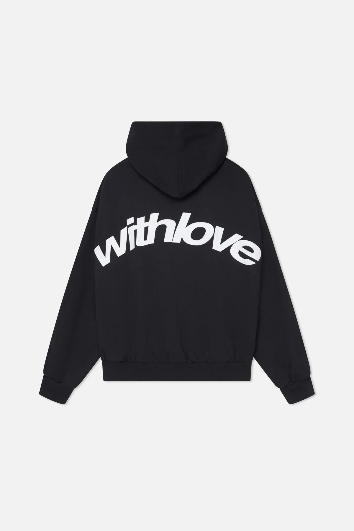 Zwarte oversized hoodie met een grote witte rugprint, achterkant | Boutique Moda