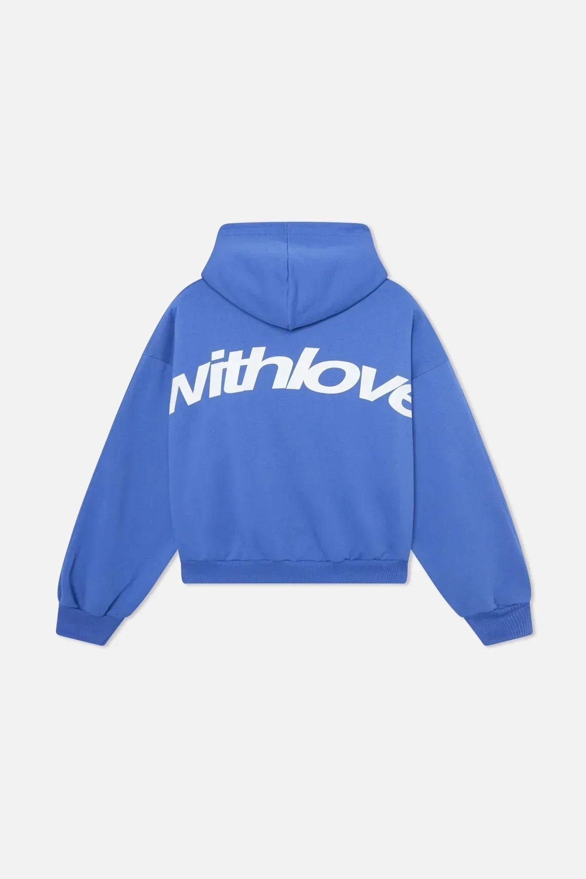 Blauwe oversized hoodie met een grote witte rugprint, achterkant | Boutique Moda