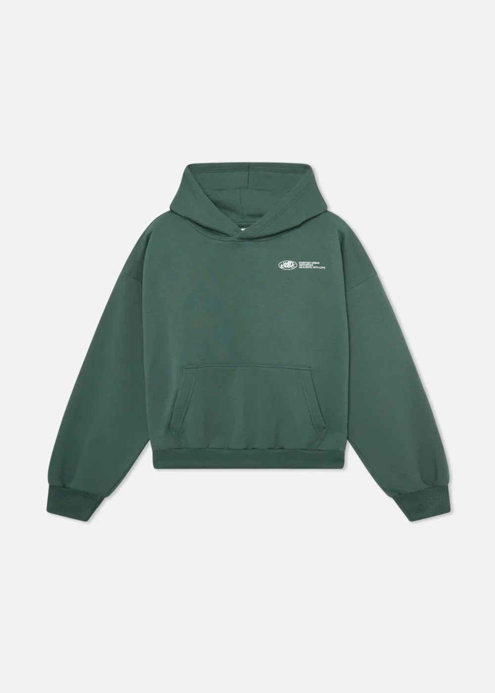 Groene oversized hoodie met een kleine print op de borst, voorkant | Boutique Moda