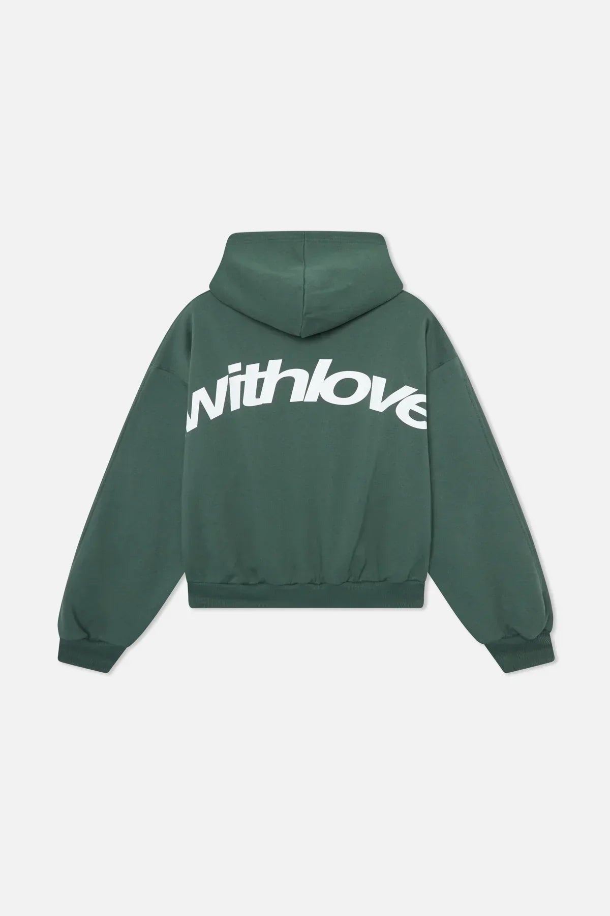 Groene oversized hoodie met een grote witte rugprint, achterkant | Boutique Moda