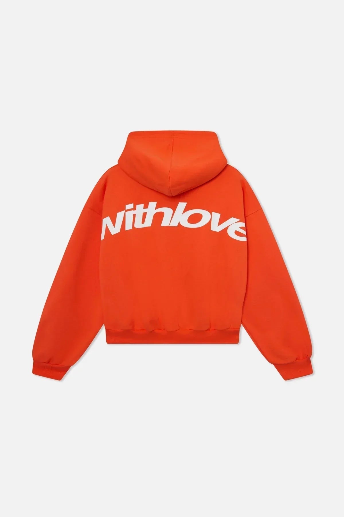 Oranje oversized hoodie met een grote crèmekleurige rugprint, achterkant | Boutique Moda