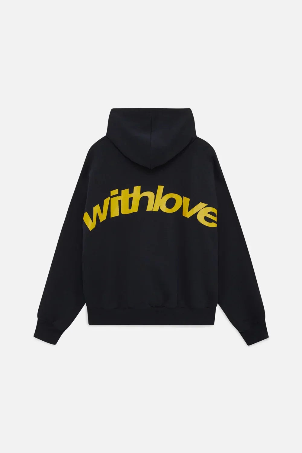 Zwarte oversized hoodie met een grote gele rugprint, achterkant | Boutique Moda