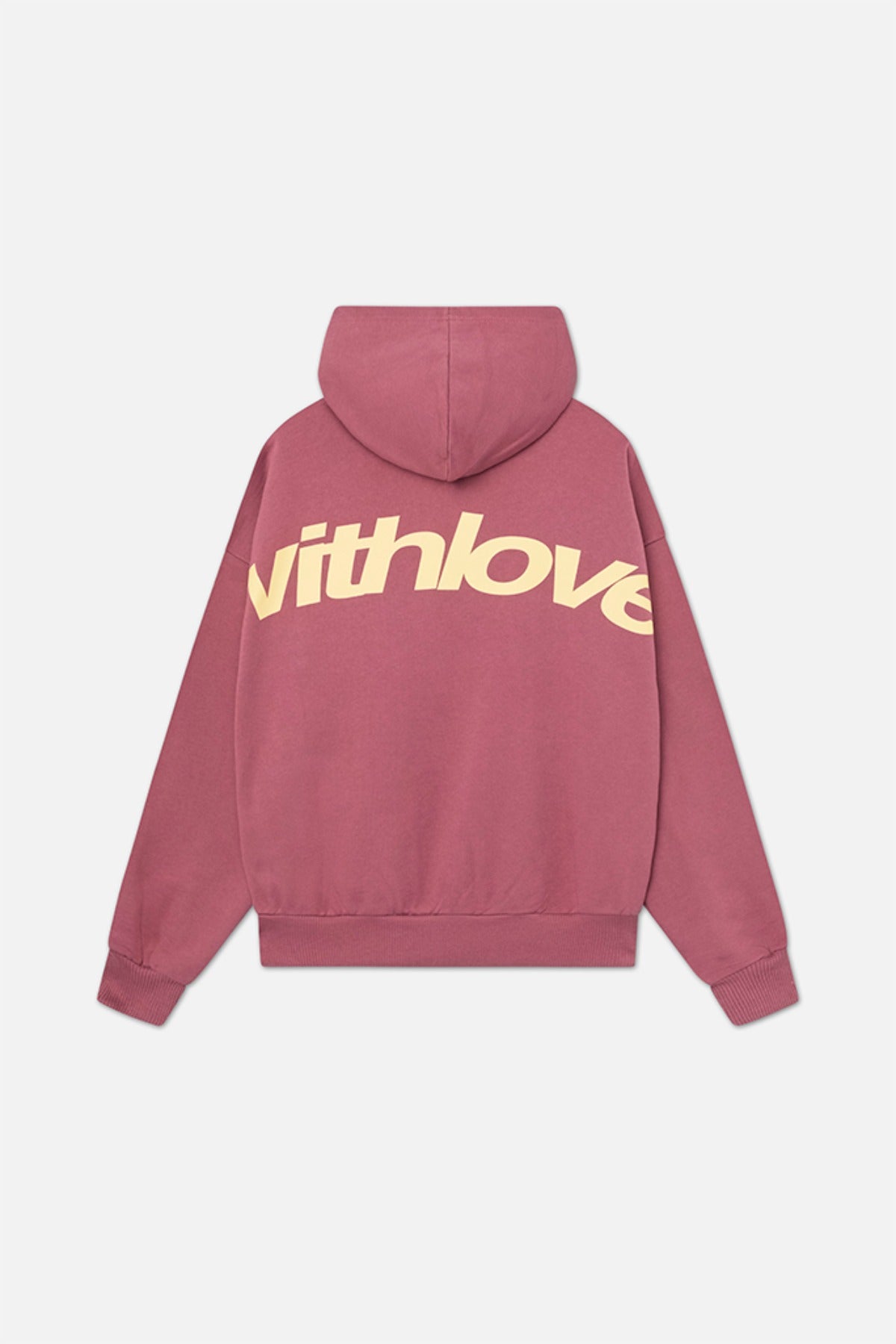 Oudroze oversized hoodie met een grote crèmekleurige rugprint, achterkant | Boutique Moda