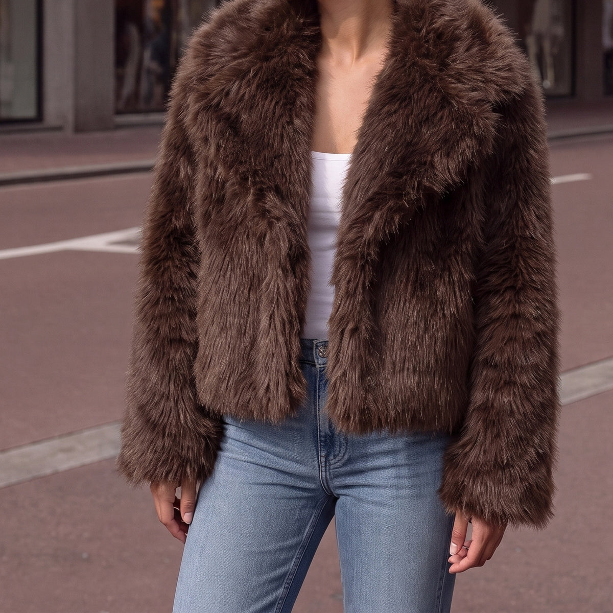 Korte nepbontjas in bruin met grote kraag | Boutique Moda