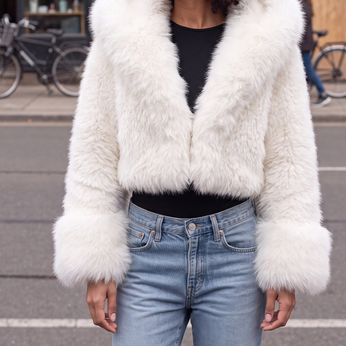 Korte nepbontjas in wit met grote capuchon | Boutique Moda