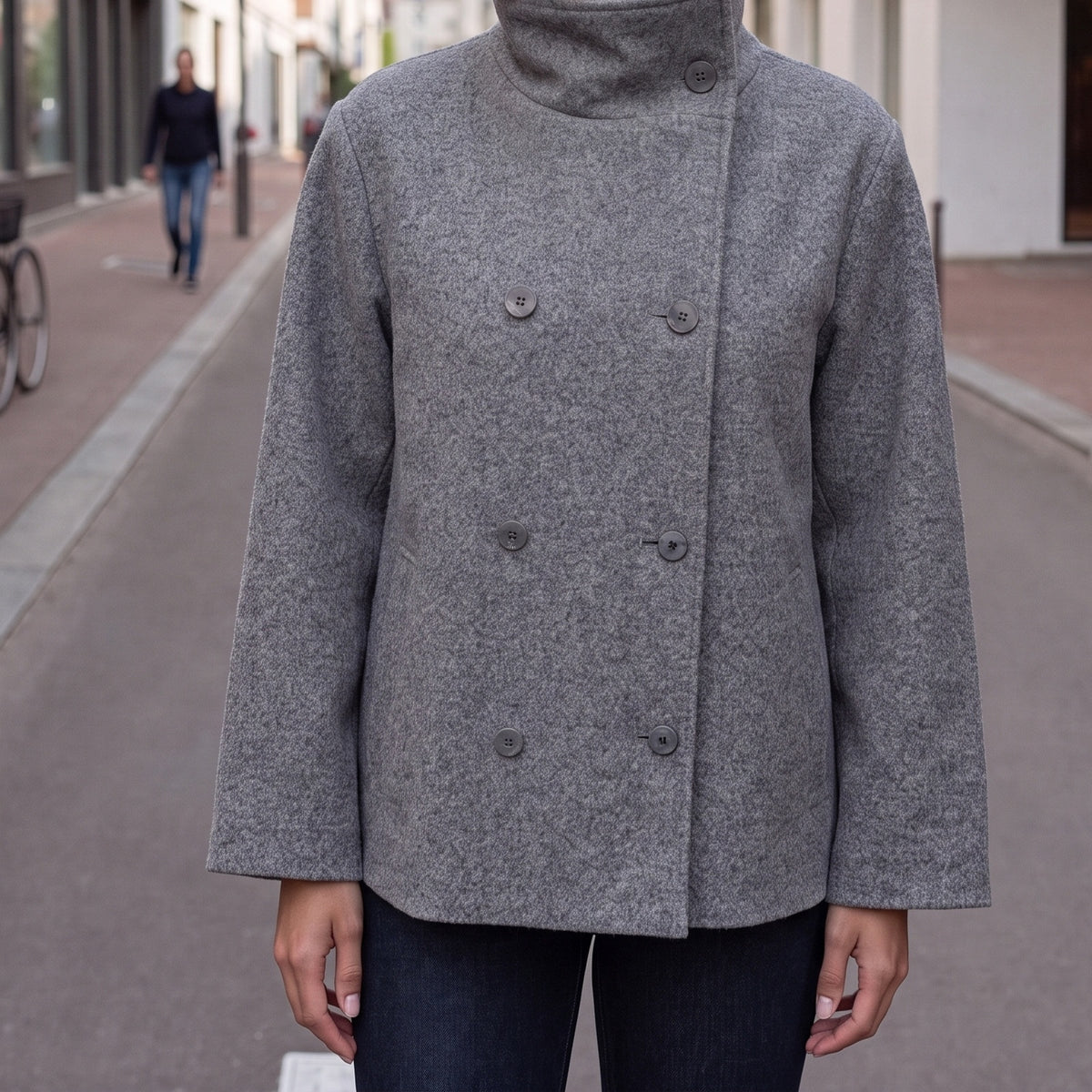 Double breasted jas in grijs met opstaande kraag | Boutique Moda