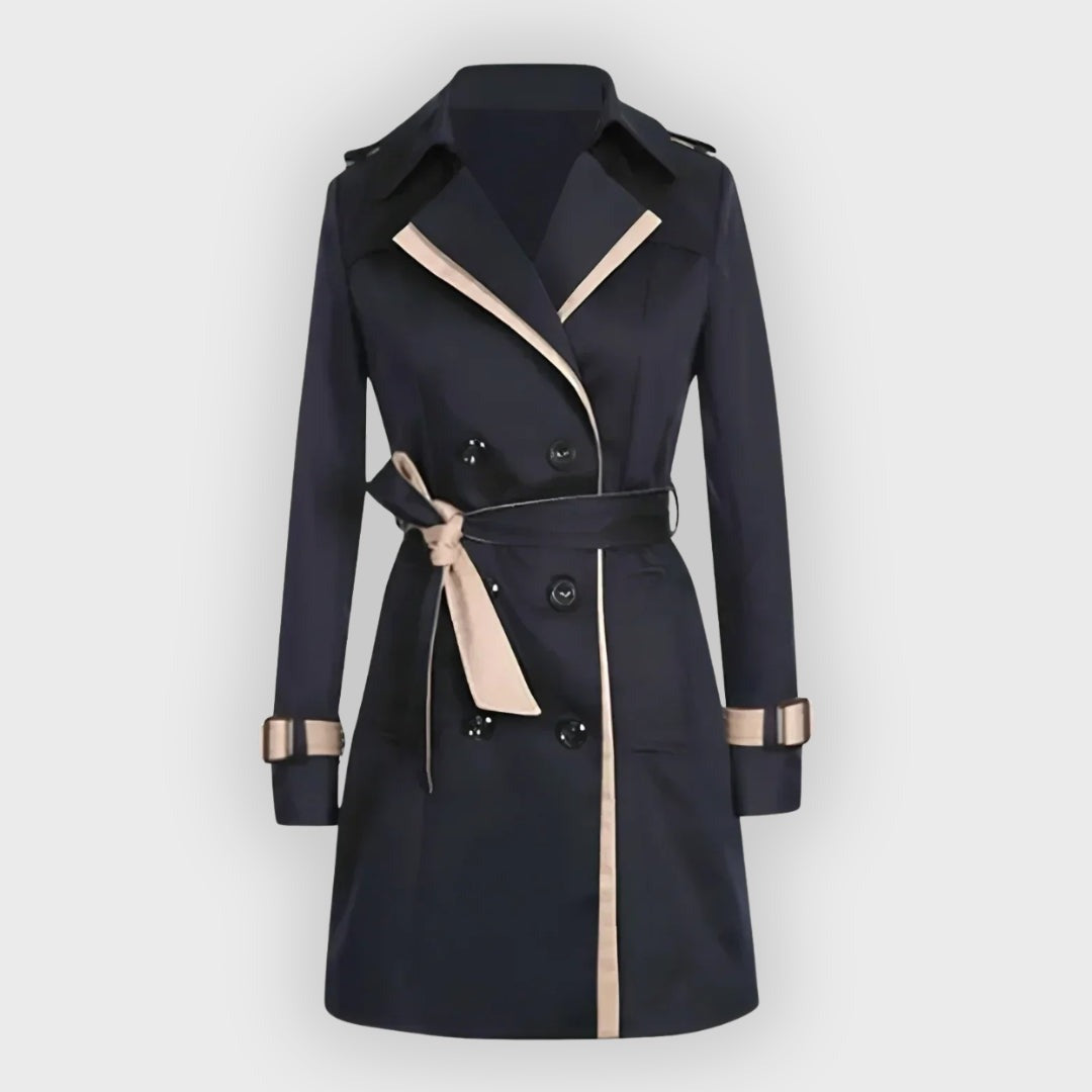 Double-breasted trenchcoat in marineblauw met contrastbies | Boutique Moda