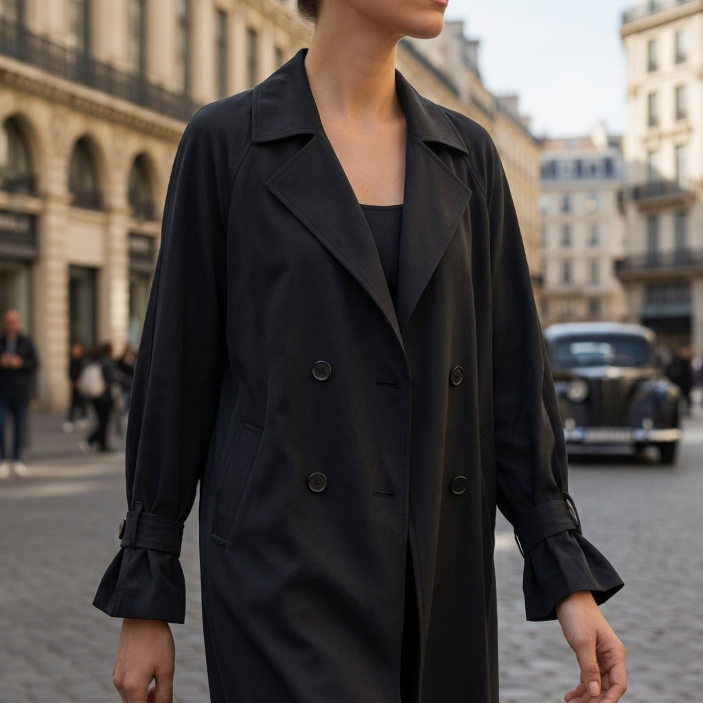 Zwarte trenchcoat met dubbele knopenrij, brede revers en ruchemouwen, in een stadsstraat | Boutique Moda