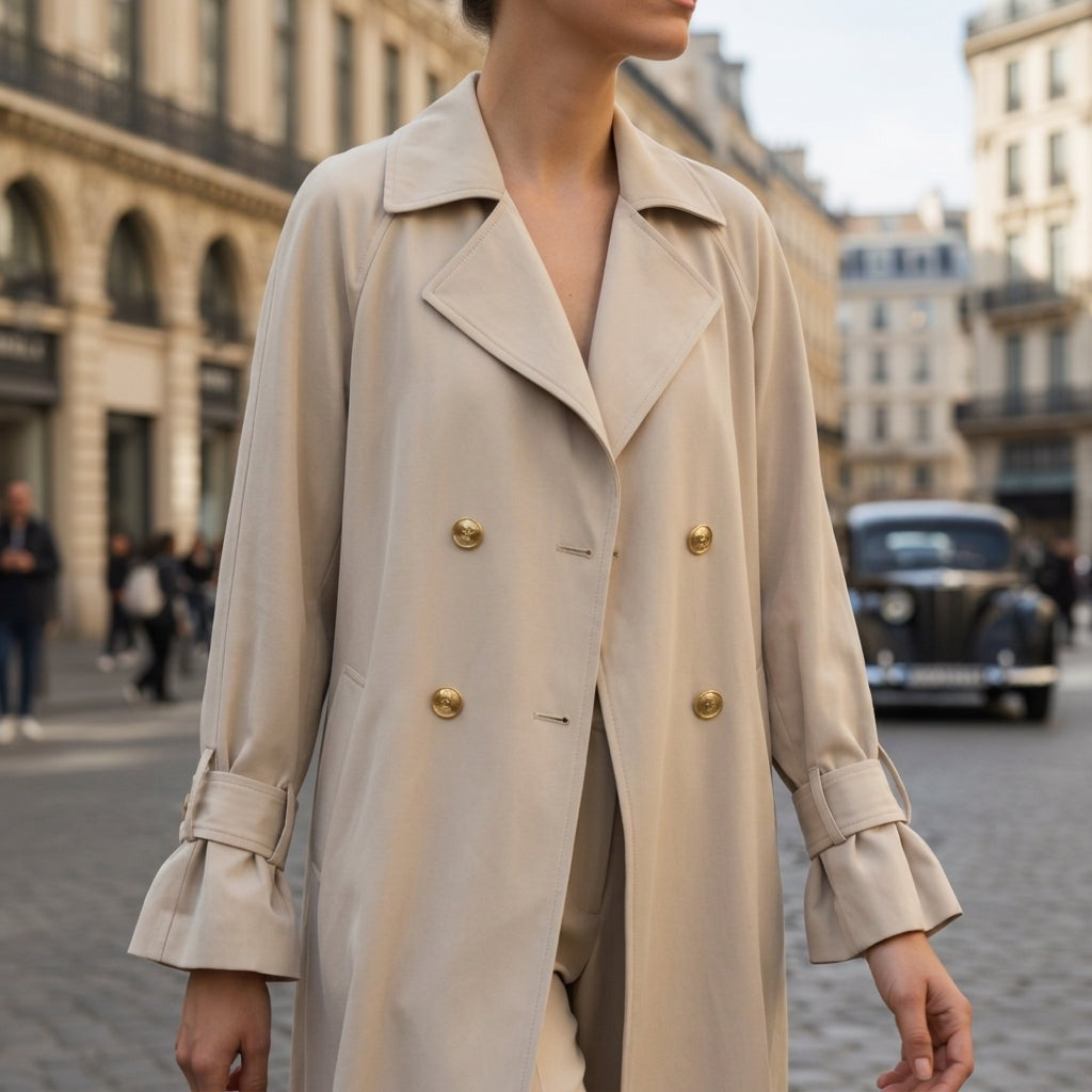 Beige trenchcoat met dubbele knopenrij, goudkleurige knopen en ruchemouwen, in een stadsstraat | Boutique Moda