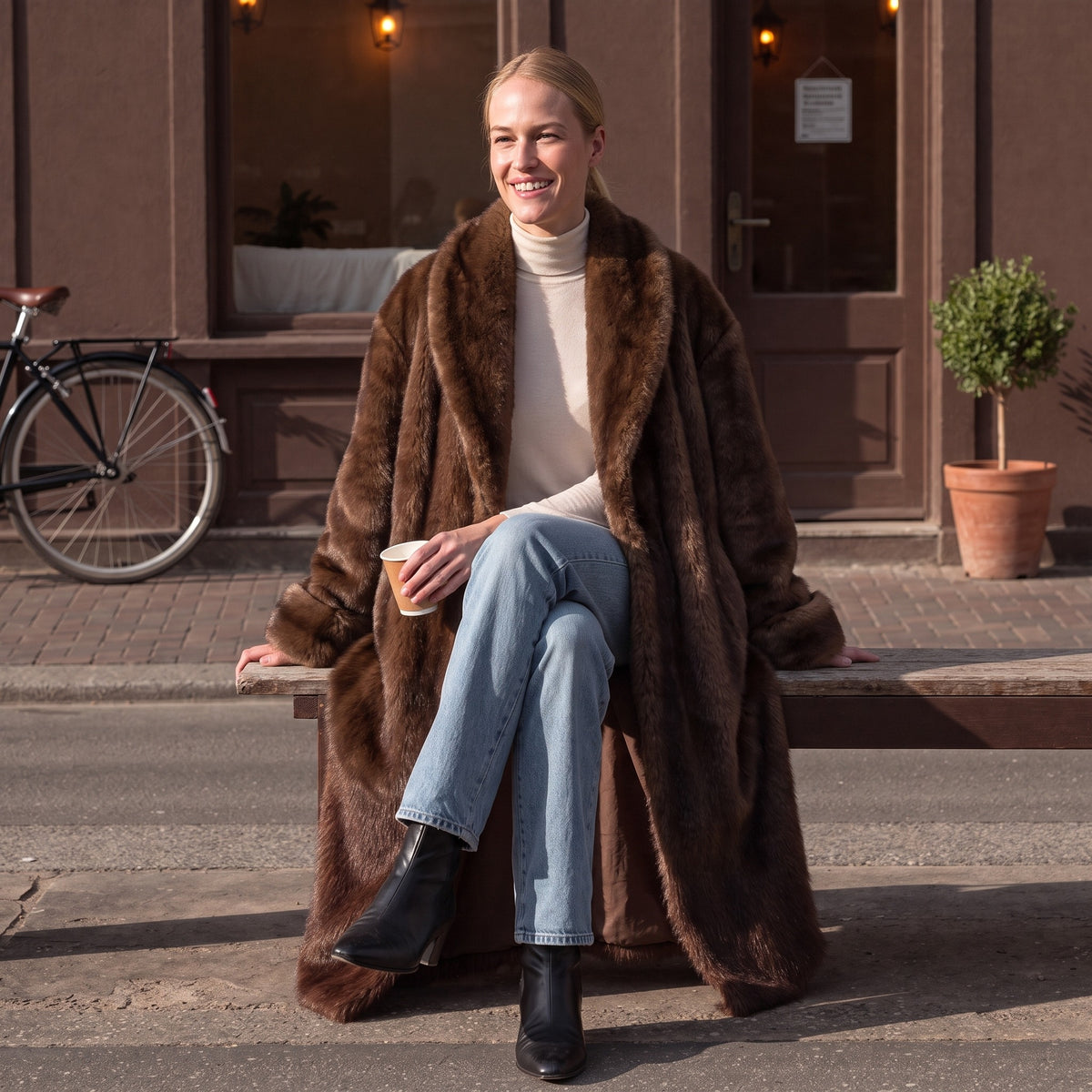 Vrouw in een bruine lange nepbontjas op een bankje voor een Amsterdams café | Boutique Moda
