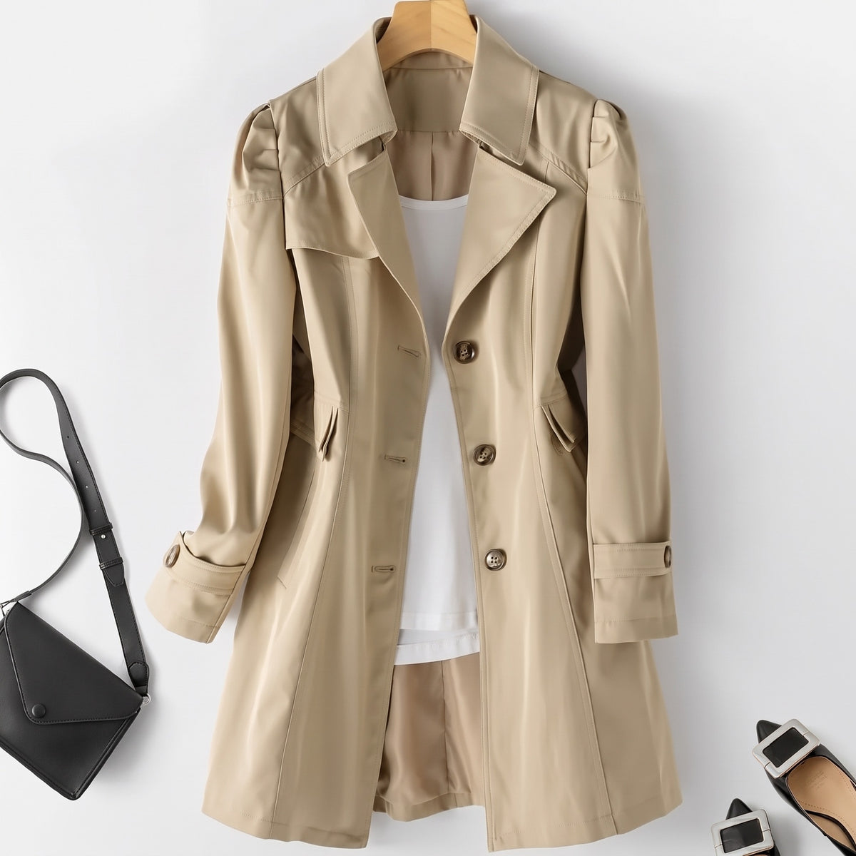 Trenchcoat in beige met enkele knopenrij en pofschouders | Boutique Moda