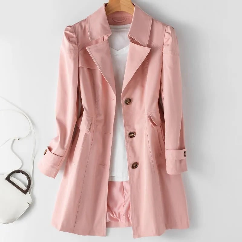 Trenchcoat in roze met enkele knopenrij en pofschouders | Boutique Moda