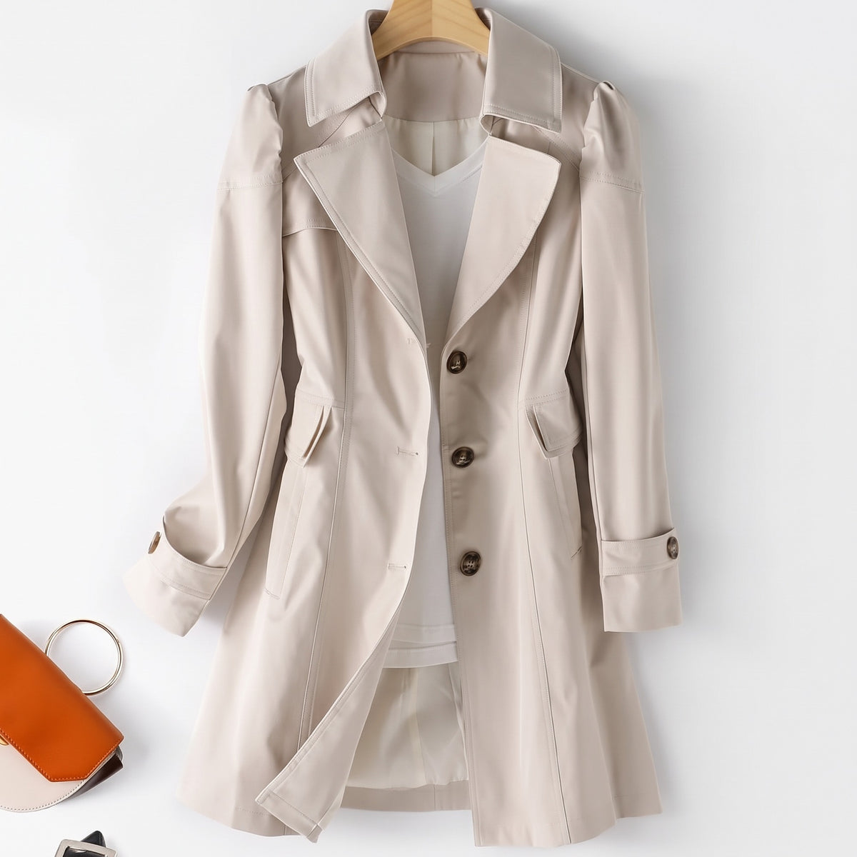 Trenchcoat in crème met enkele knopenrij en pofschouders | Boutique Moda