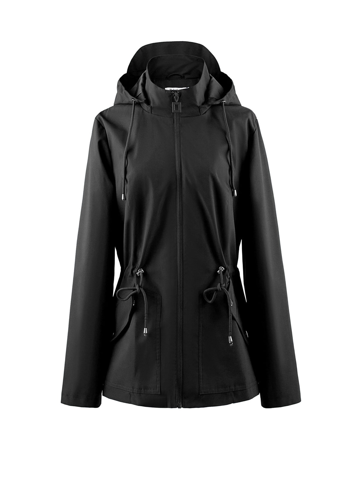 Getailleerde waterdichte jas in zwart met capuchon en taillekoord | Boutique Moda