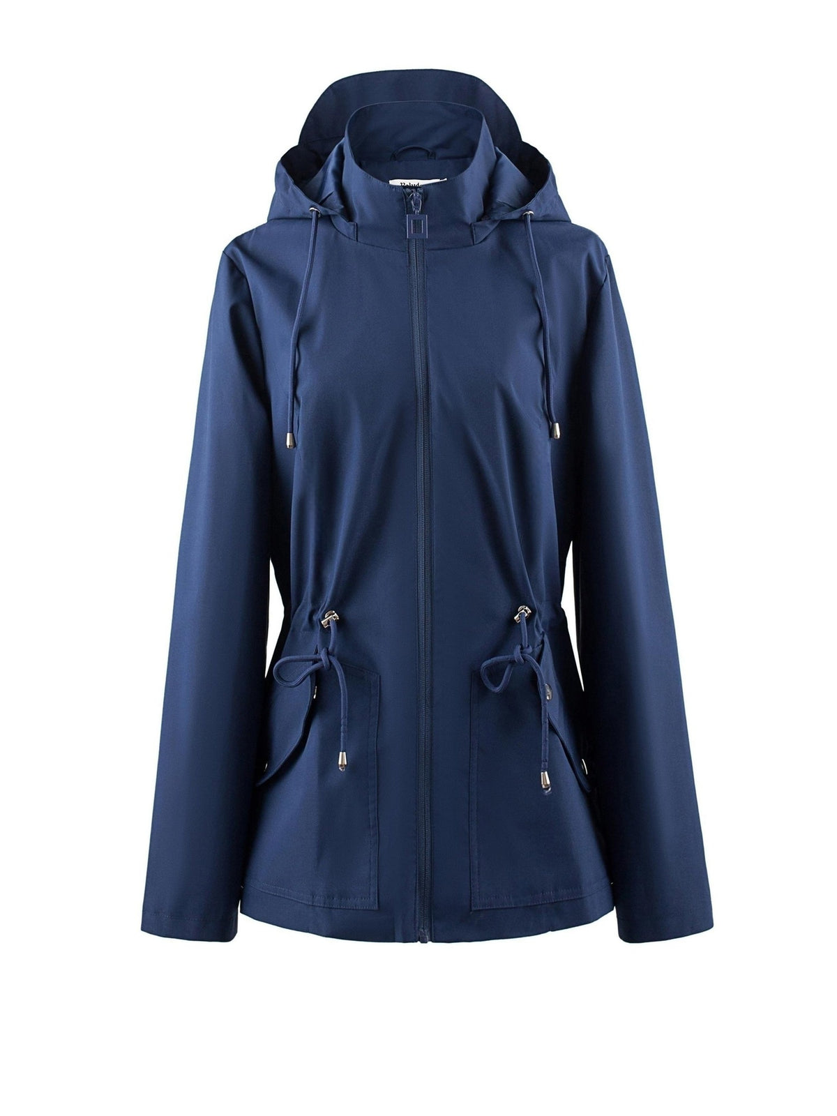 Getailleerde waterdichte jas in marineblauw met capuchon en taillekoord | Boutique Moda