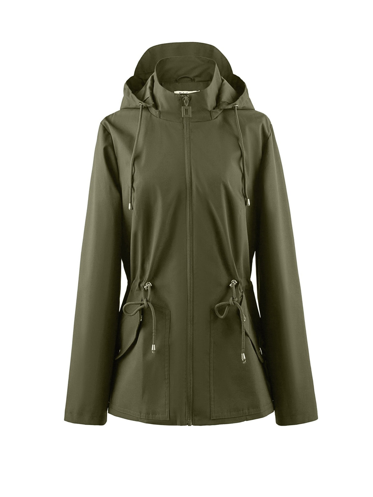 Getailleerde waterdichte jas in donkergroen met capuchon en taillekoord | Boutique Moda