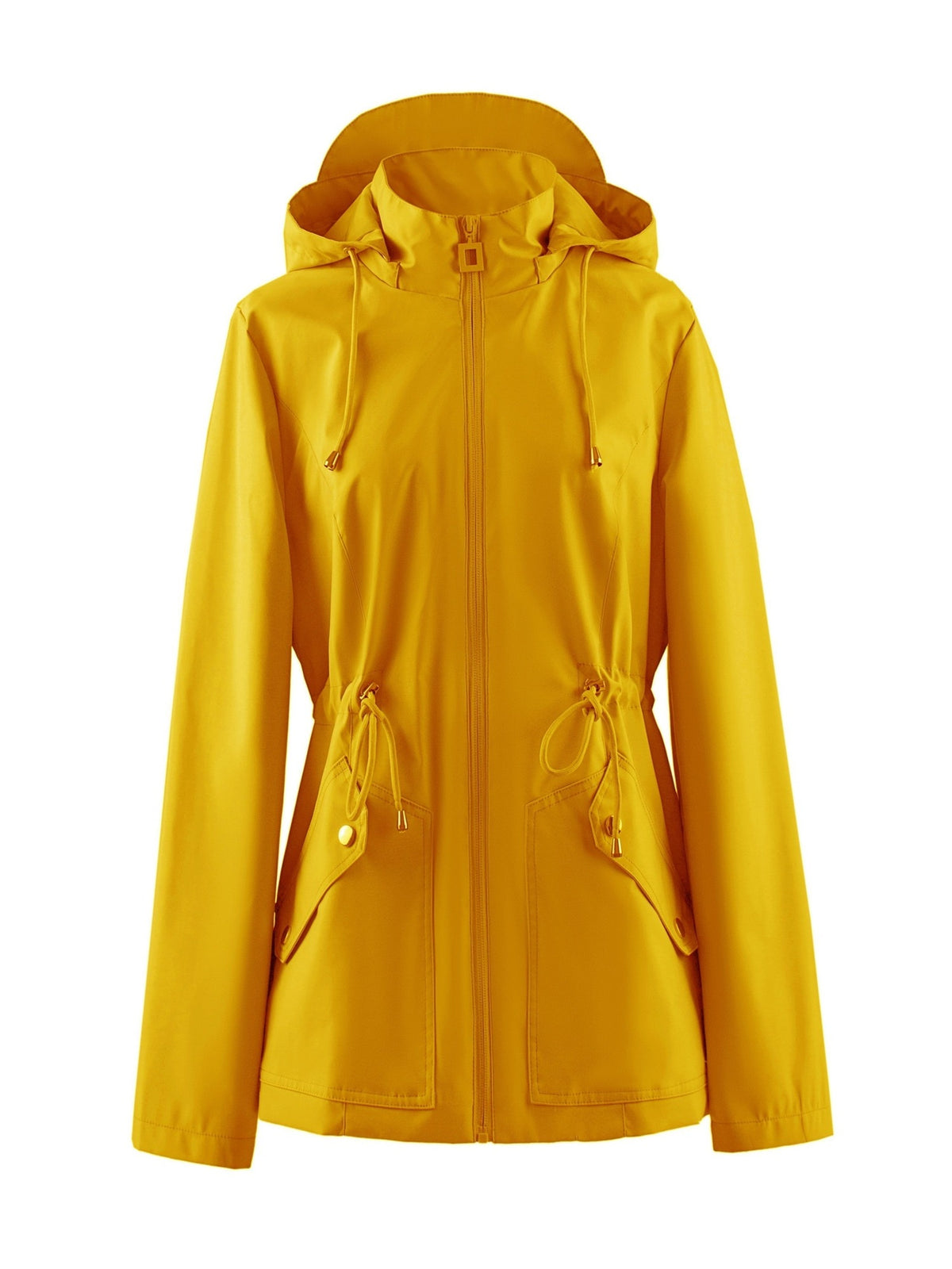 Getailleerde waterdichte jas in geel met capuchon en taillekoord | Boutique Moda