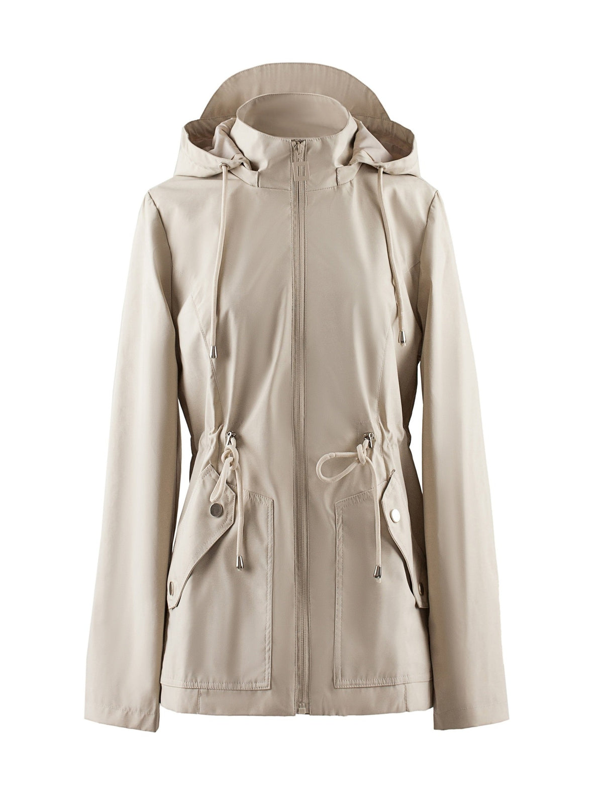 Getailleerde waterdichte jas in beige met capuchon en taillekoord | Boutique Moda