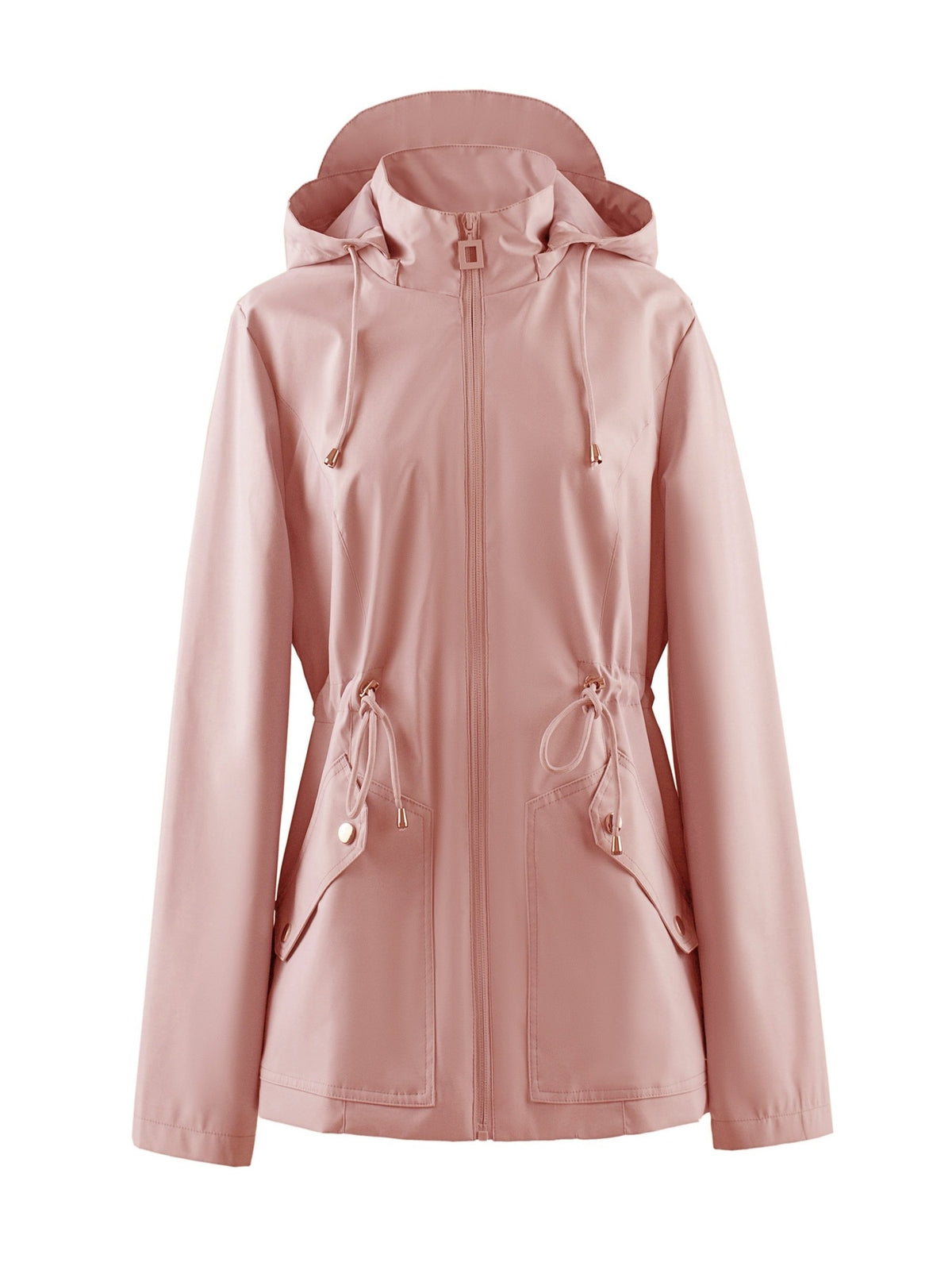 Getailleerde waterdichte jas in roze met capuchon en taillekoord | Boutique Moda