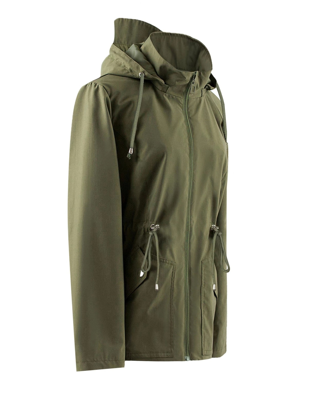 Donkergroene jas, zijkant met capuchon | Boutique Moda